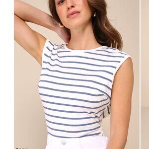 Lulus  Ivory Striped Cap Sleeve Backless Bodysuit S